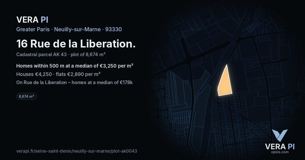 16 Rue de la Liberation, Neuilly-sur-Marne at night – the plot lit, the parcels around coloured by the prices near them