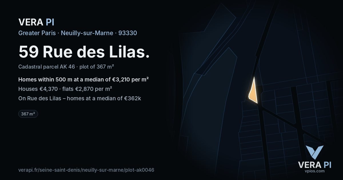 59 Rue des Lilas, Neuilly-sur-Marne at night – the plot lit, the parcels around coloured by the prices near them