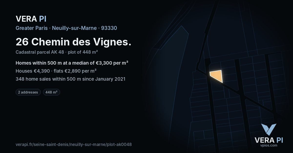 26 Chemin des Vignes, Neuilly-sur-Marne at night – the plot lit, the parcels around coloured by the prices near them