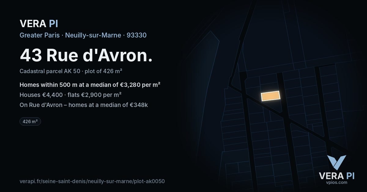 43 Rue d'Avron, Neuilly-sur-Marne at night – the plot lit, the parcels around coloured by the prices near them