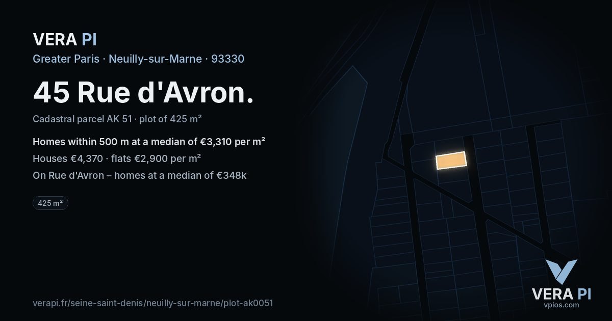 45 Rue d'Avron, Neuilly-sur-Marne at night – the plot lit, the parcels around coloured by the prices near them