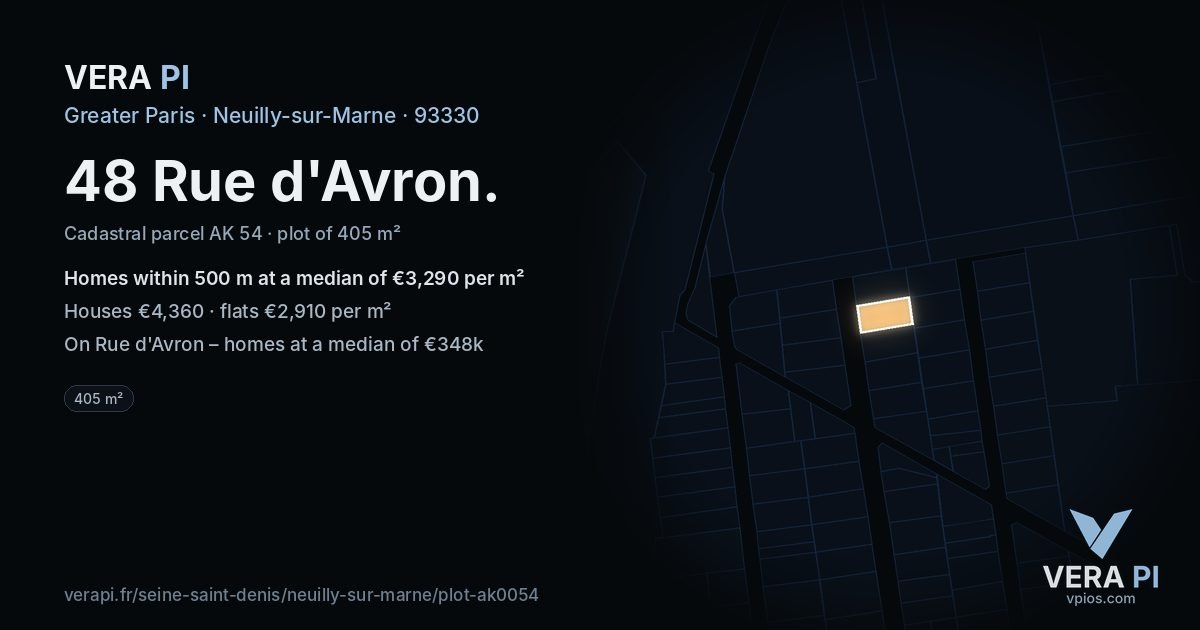 48 Rue d'Avron, Neuilly-sur-Marne at night – the plot lit, the parcels around coloured by the prices near them