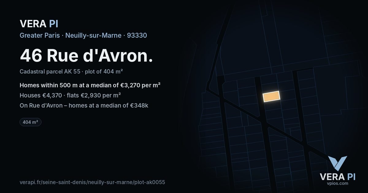46 Rue d'Avron, Neuilly-sur-Marne at night – the plot lit, the parcels around coloured by the prices near them