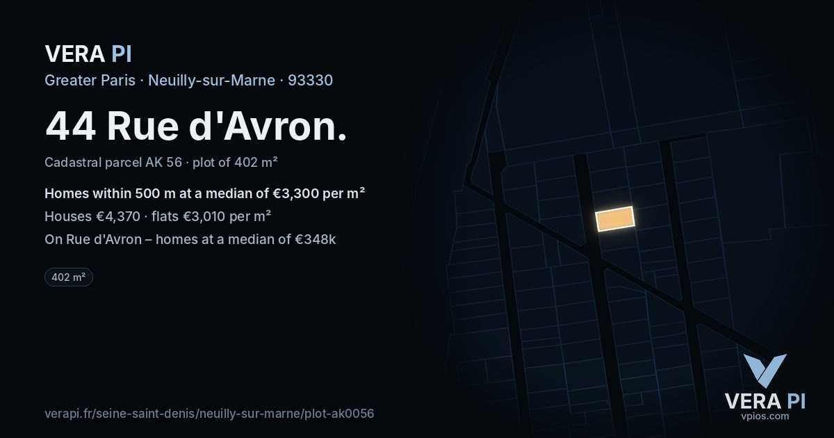 44 Rue d'Avron, Neuilly-sur-Marne at night – the plot lit, the parcels around coloured by the prices near them