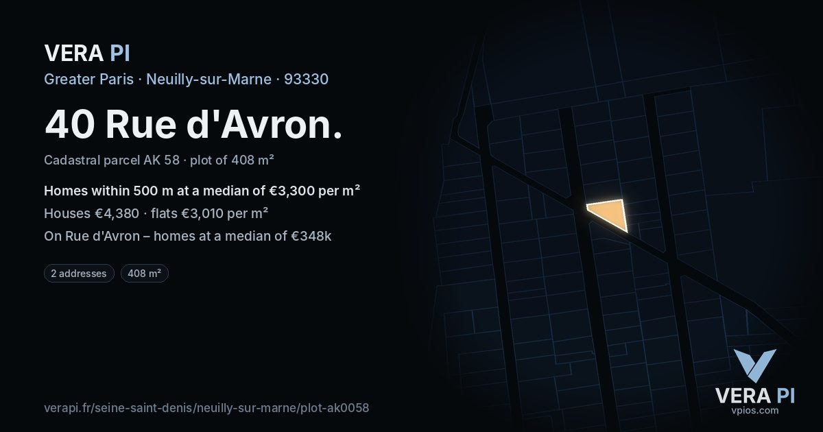40 Rue d'Avron, Neuilly-sur-Marne at night – the plot lit, the parcels around coloured by the prices near them