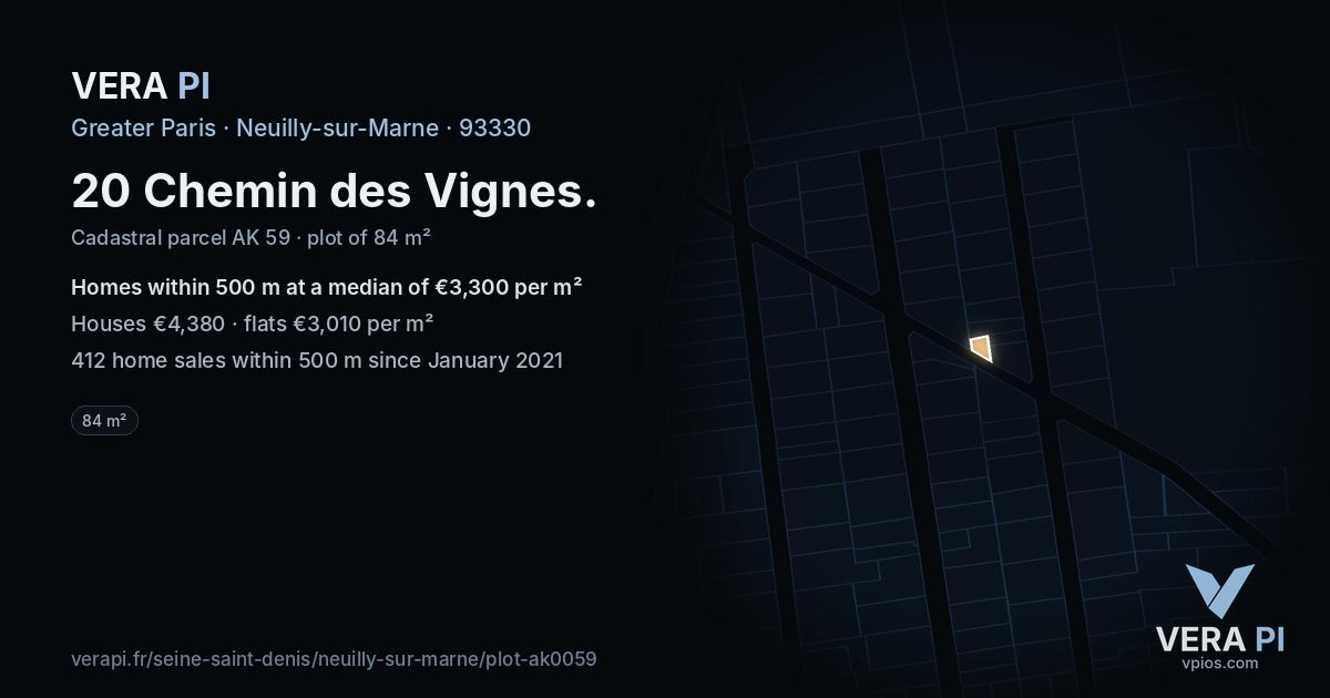 20 Chemin des Vignes, Neuilly-sur-Marne at night – the plot lit, the parcels around coloured by the prices near them