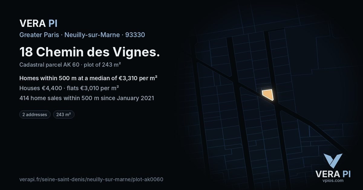 18 Chemin des Vignes, Neuilly-sur-Marne at night – the plot lit, the parcels around coloured by the prices near them