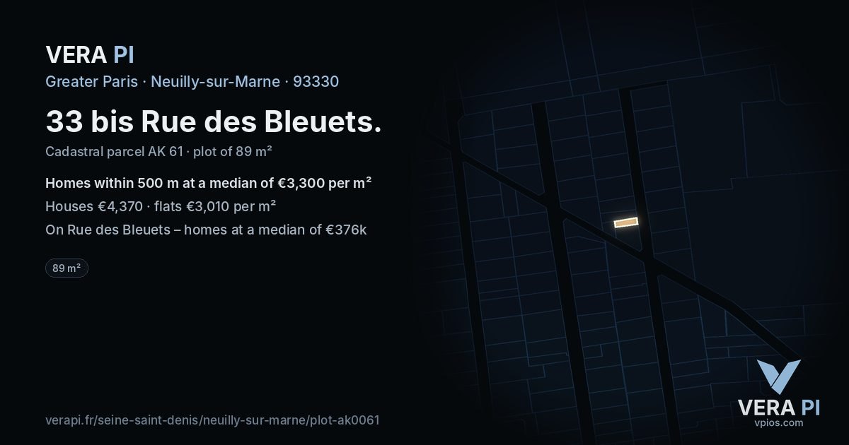 33 bis Rue des Bleuets, Neuilly-sur-Marne at night – the plot lit, the parcels around coloured by the prices near them