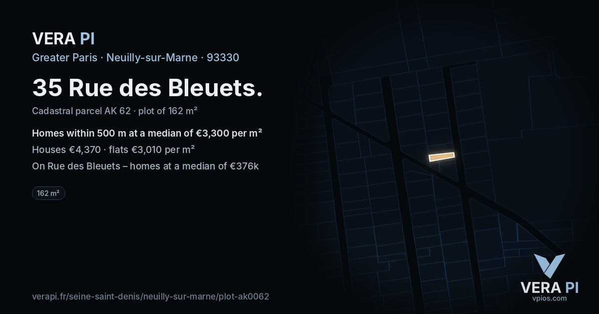 35 Rue des Bleuets, Neuilly-sur-Marne at night – the plot lit, the parcels around coloured by the prices near them