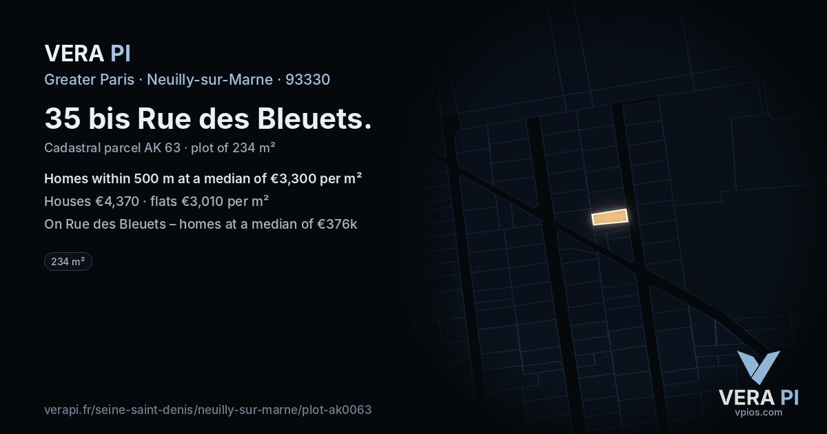 35 bis Rue des Bleuets, Neuilly-sur-Marne at night – the plot lit, the parcels around coloured by the prices near them