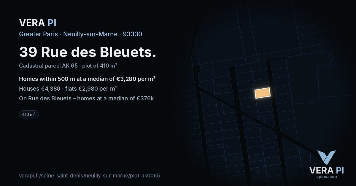 39 Rue des Bleuets, Neuilly-sur-Marne at night – the plot lit, the parcels around coloured by the prices near them