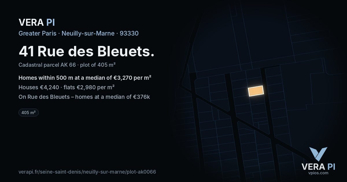 41 Rue des Bleuets, Neuilly-sur-Marne at night – the plot lit, the parcels around coloured by the prices near them