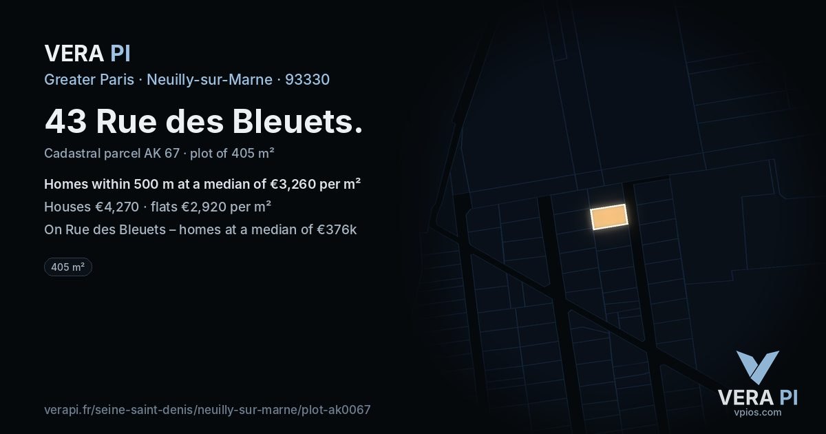 43 Rue des Bleuets, Neuilly-sur-Marne at night – the plot lit, the parcels around coloured by the prices near them
