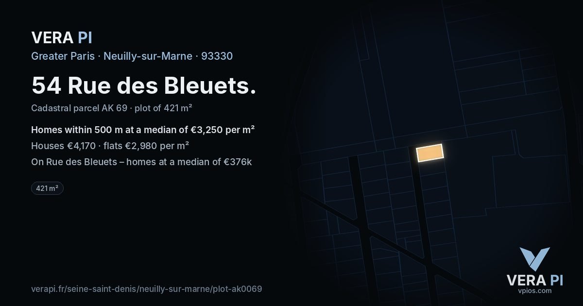 54 Rue des Bleuets, Neuilly-sur-Marne at night – the plot lit, the parcels around coloured by the prices near them