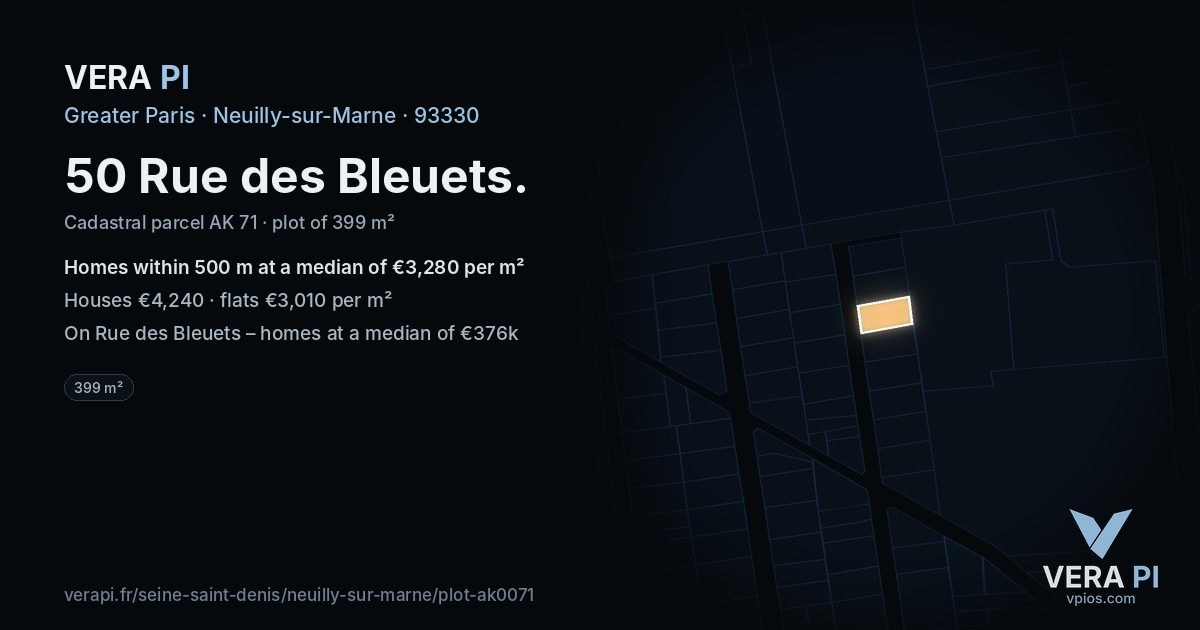 50 Rue des Bleuets, Neuilly-sur-Marne at night – the plot lit, the parcels around coloured by the prices near them