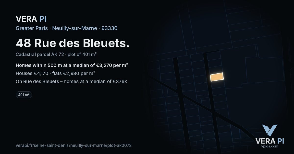 48 Rue des Bleuets, Neuilly-sur-Marne at night – the plot lit, the parcels around coloured by the prices near them