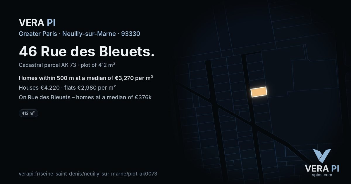46 Rue des Bleuets, Neuilly-sur-Marne at night – the plot lit, the parcels around coloured by the prices near them