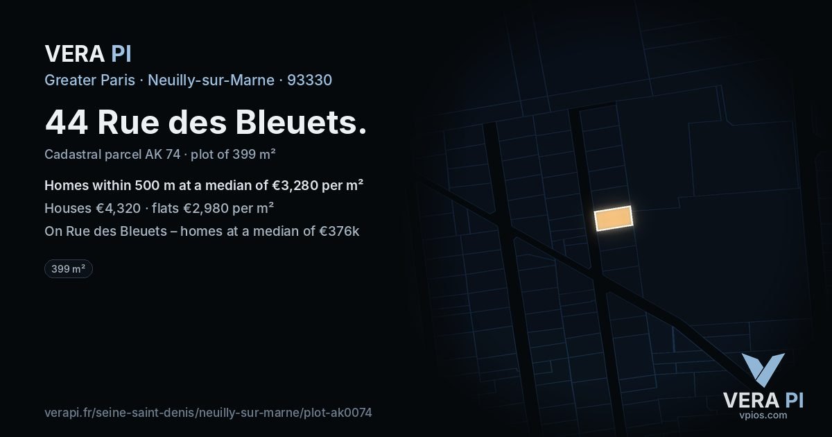 44 Rue des Bleuets, Neuilly-sur-Marne at night – the plot lit, the parcels around coloured by the prices near them