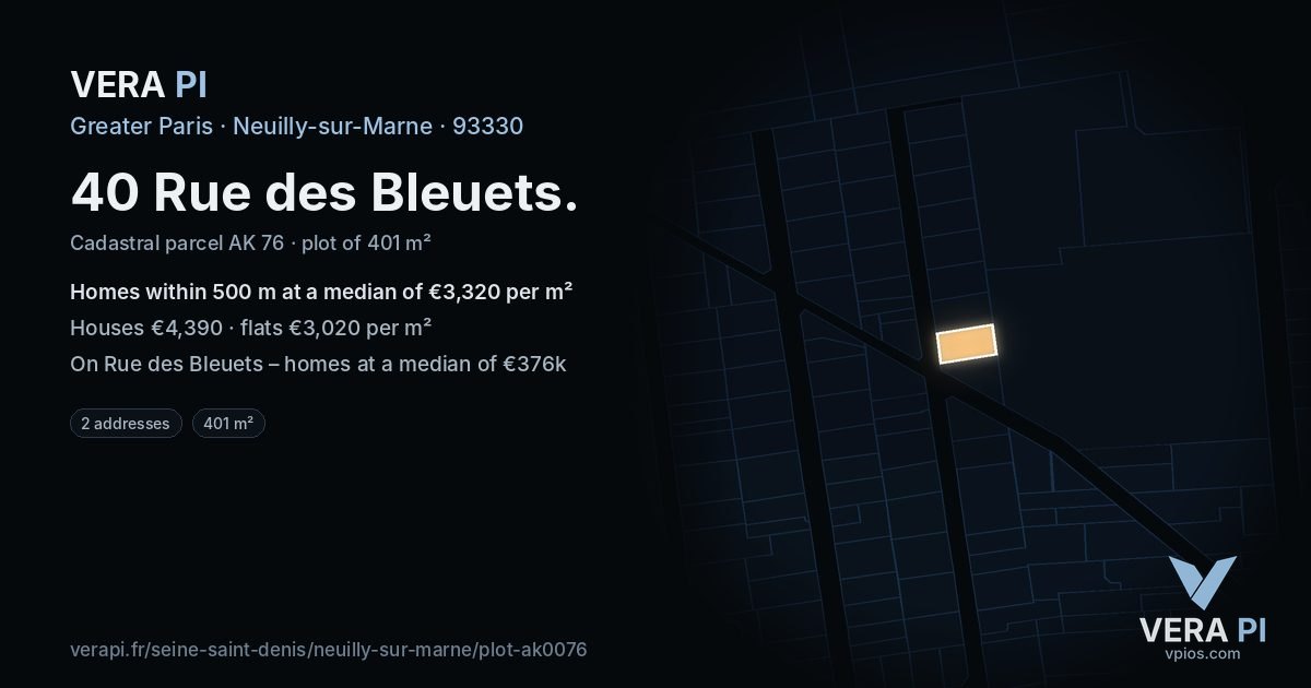 40 Rue des Bleuets, Neuilly-sur-Marne at night – the plot lit, the parcels around coloured by the prices near them
