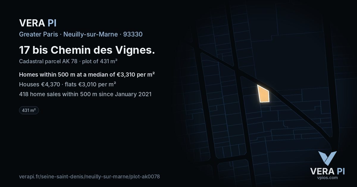 17 bis Chemin des Vignes, Neuilly-sur-Marne at night – the plot lit, the parcels around coloured by the prices near them