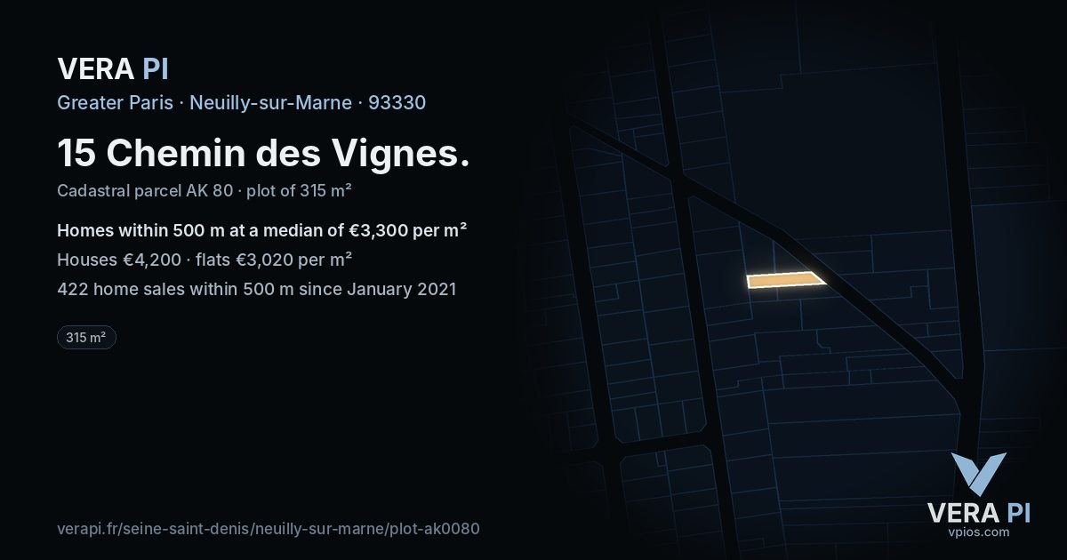 15 Chemin des Vignes, Neuilly-sur-Marne at night – the plot lit, the parcels around coloured by the prices near them