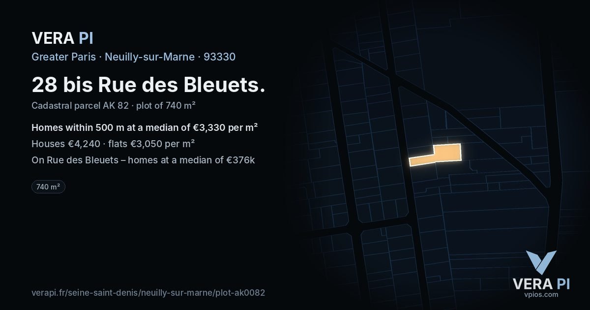 28 bis Rue des Bleuets, Neuilly-sur-Marne at night – the plot lit, the parcels around coloured by the prices near them