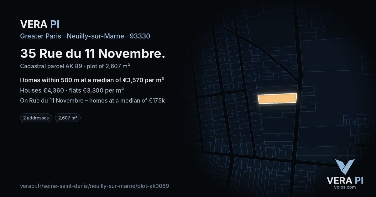 35 Rue du 11 Novembre, Neuilly-sur-Marne at night – the plot lit, the parcels around coloured by the prices near them