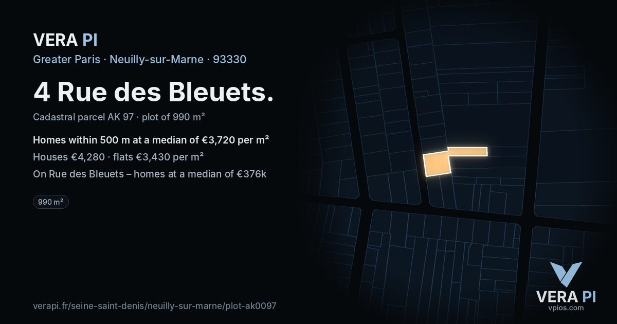 4 Rue des Bleuets, Neuilly-sur-Marne at night – the plot lit, the parcels around coloured by the prices near them