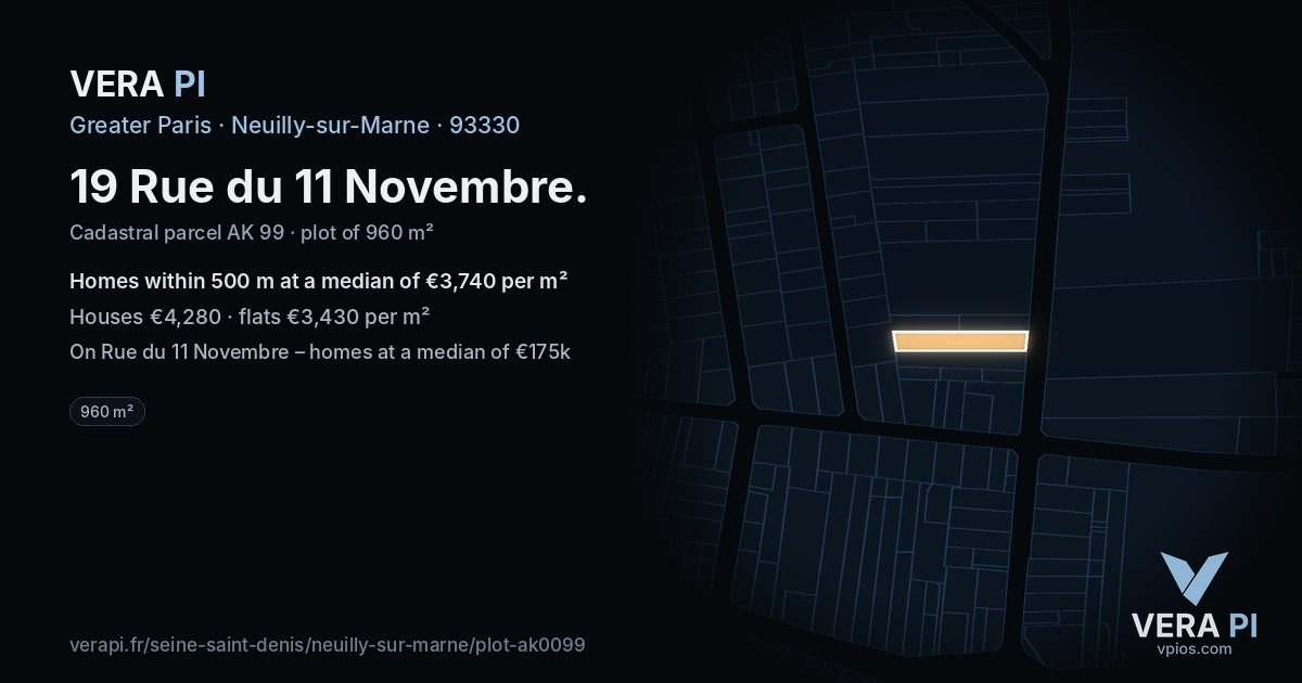 19 Rue du 11 Novembre, Neuilly-sur-Marne at night – the plot lit, the parcels around coloured by the prices near them