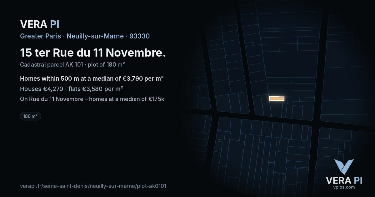 15 ter Rue du 11 Novembre, Neuilly-sur-Marne at night – the plot lit, the parcels around coloured by the prices near them