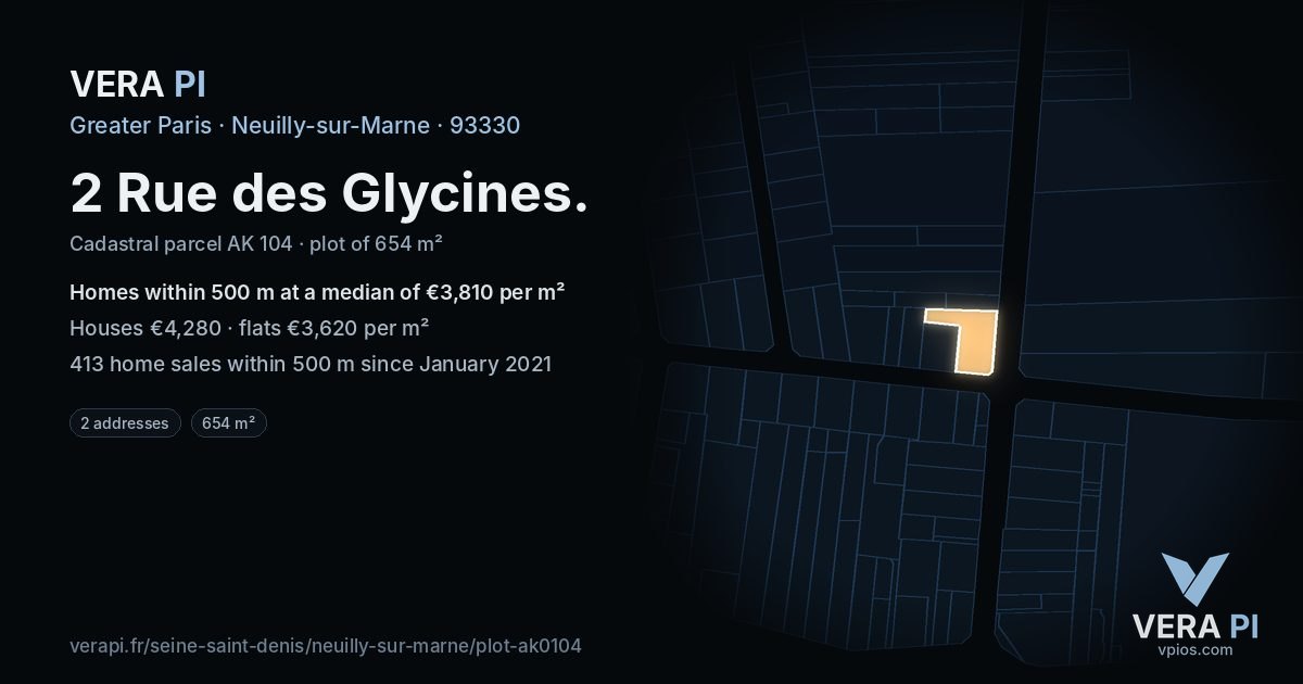 2 Rue des Glycines, Neuilly-sur-Marne at night – the plot lit, the parcels around coloured by the prices near them