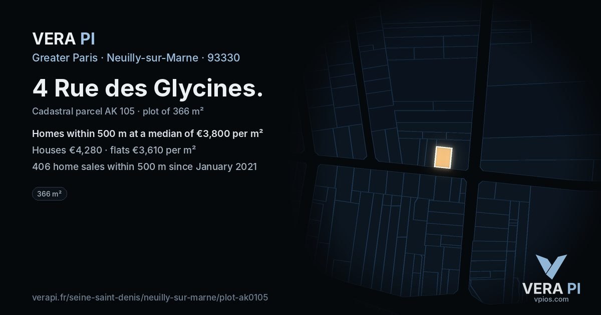 4 Rue des Glycines, Neuilly-sur-Marne at night – the plot lit, the parcels around coloured by the prices near them