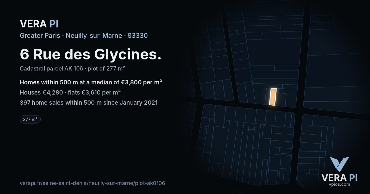 6 Rue des Glycines, Neuilly-sur-Marne at night – the plot lit, the parcels around coloured by the prices near them