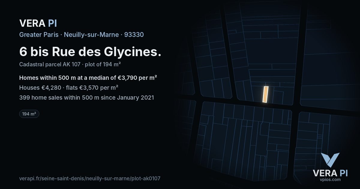 6 bis Rue des Glycines, Neuilly-sur-Marne at night – the plot lit, the parcels around coloured by the prices near them