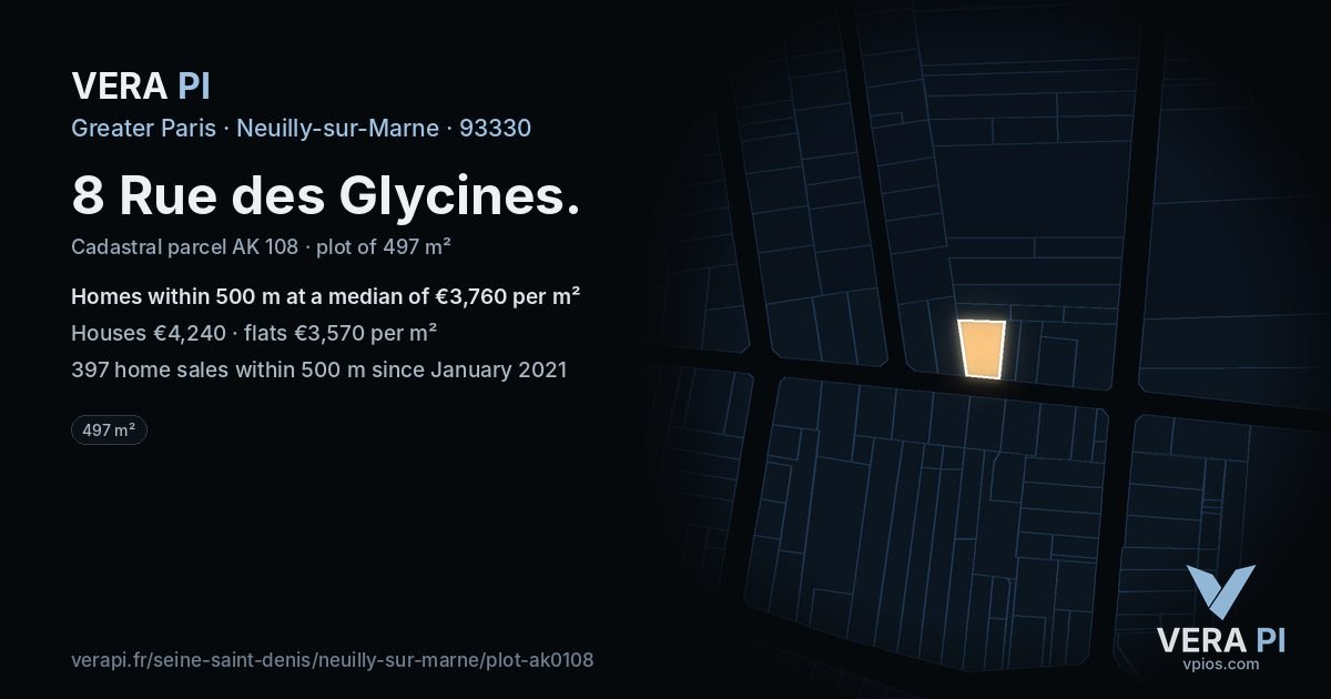 8 Rue des Glycines, Neuilly-sur-Marne at night – the plot lit, the parcels around coloured by the prices near them