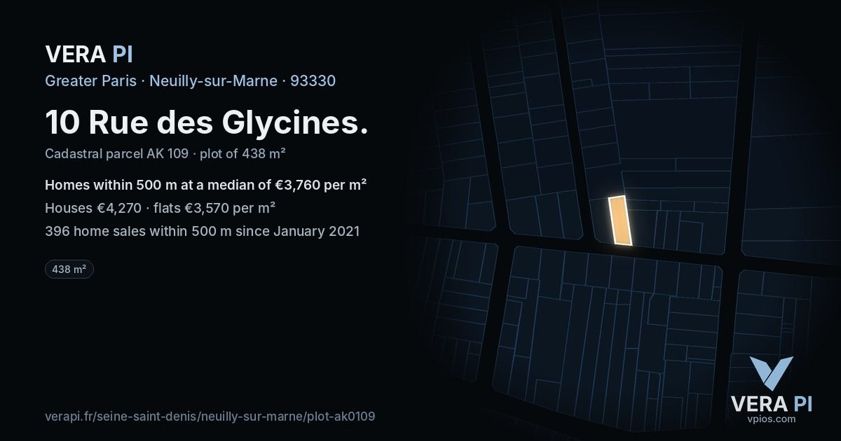 10 Rue des Glycines, Neuilly-sur-Marne at night – the plot lit, the parcels around coloured by the prices near them