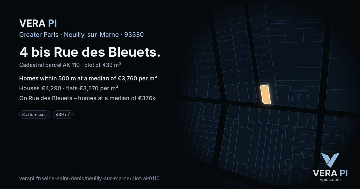 4 bis Rue des Bleuets, Neuilly-sur-Marne at night – the plot lit, the parcels around coloured by the prices near them