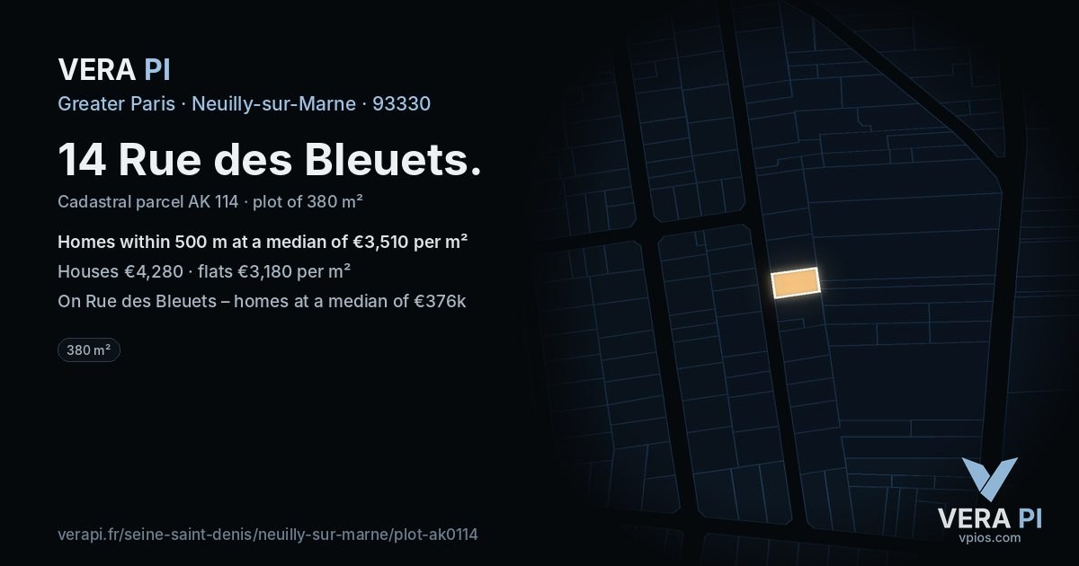 14 Rue des Bleuets, Neuilly-sur-Marne at night – the plot lit, the parcels around coloured by the prices near them