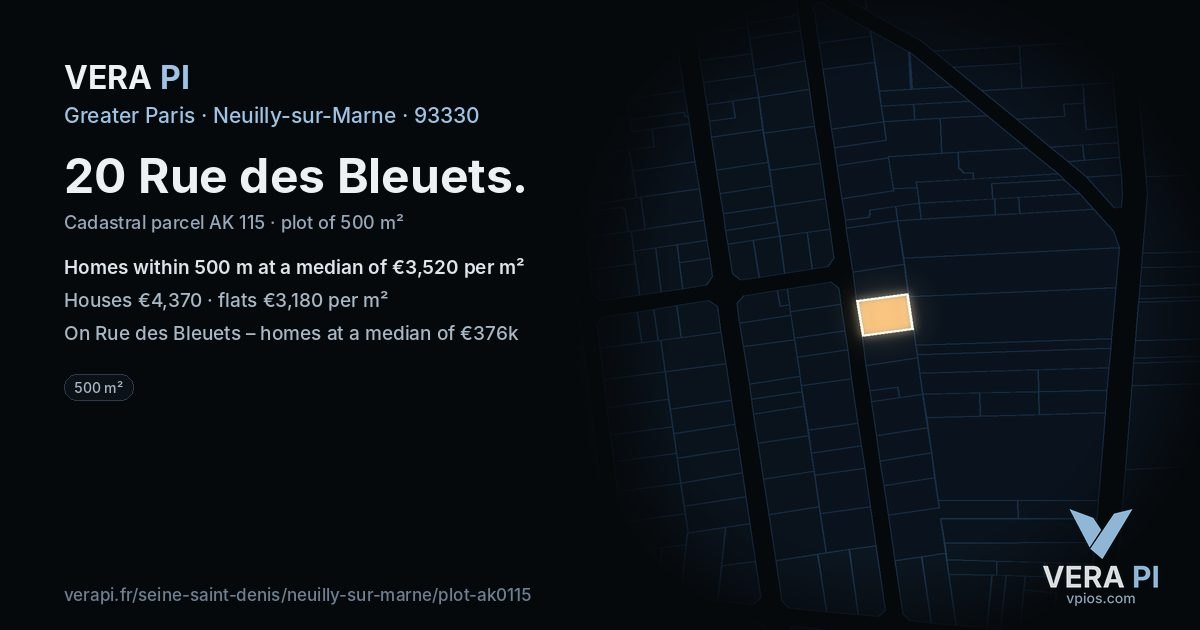 20 Rue des Bleuets, Neuilly-sur-Marne at night – the plot lit, the parcels around coloured by the prices near them