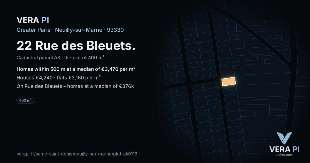 22 Rue des Bleuets, Neuilly-sur-Marne at night – the plot lit, the parcels around coloured by the prices near them