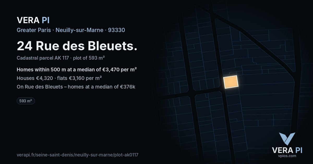 24 Rue des Bleuets, Neuilly-sur-Marne at night – the plot lit, the parcels around coloured by the prices near them