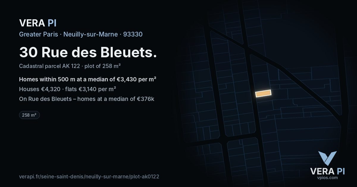 30 Rue des Bleuets, Neuilly-sur-Marne at night – the plot lit, the parcels around coloured by the prices near them