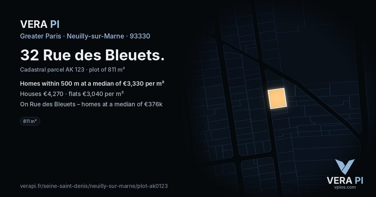 32 Rue des Bleuets, Neuilly-sur-Marne at night – the plot lit, the parcels around coloured by the prices near them