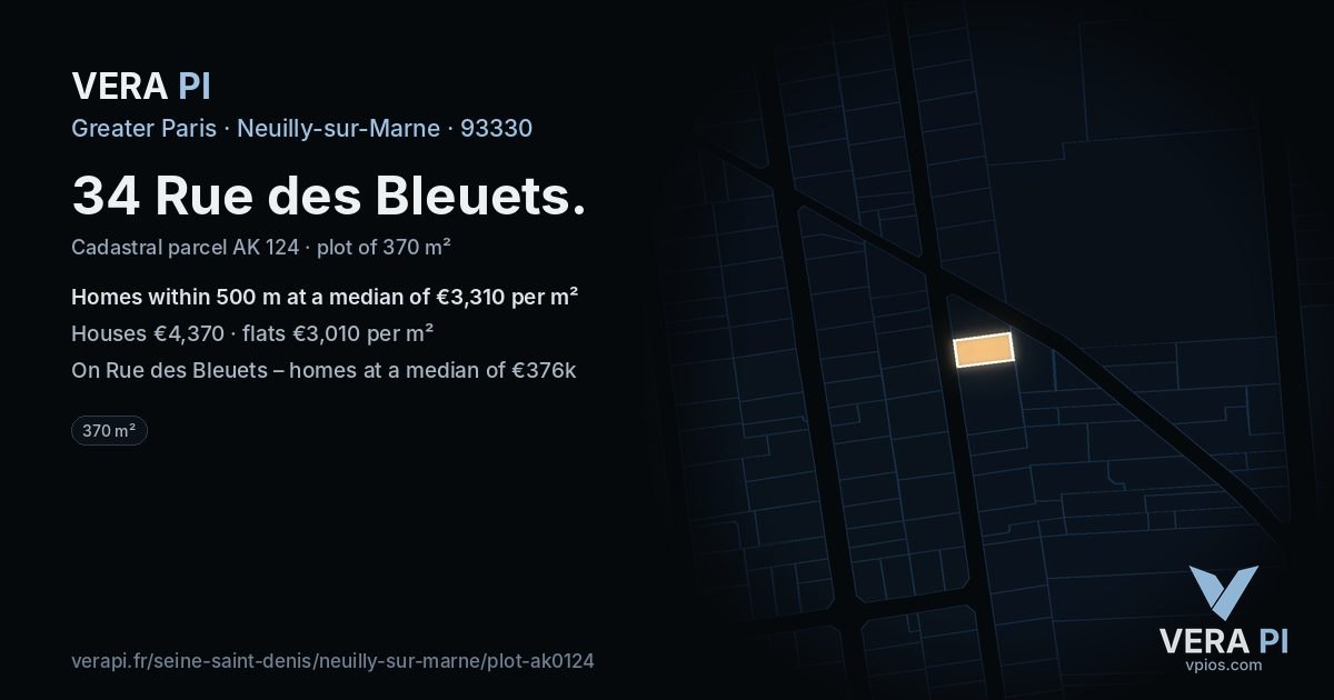 34 Rue des Bleuets, Neuilly-sur-Marne at night – the plot lit, the parcels around coloured by the prices near them