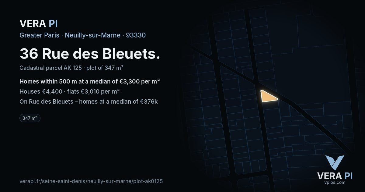 36 Rue des Bleuets, Neuilly-sur-Marne at night – the plot lit, the parcels around coloured by the prices near them