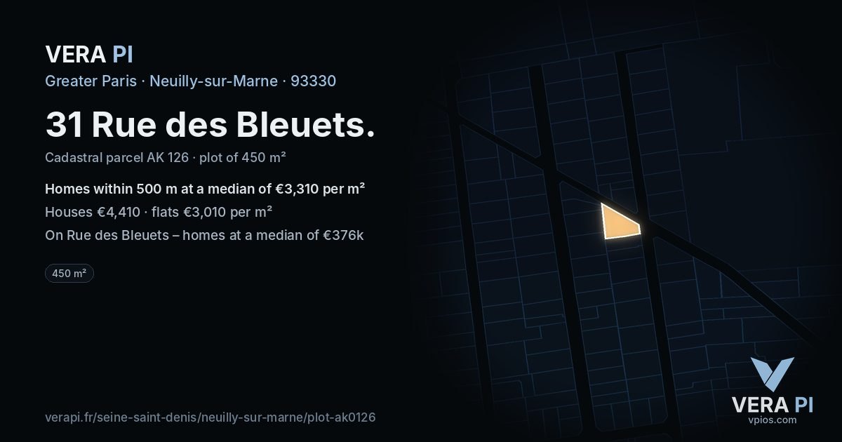 31 Rue des Bleuets, Neuilly-sur-Marne at night – the plot lit, the parcels around coloured by the prices near them