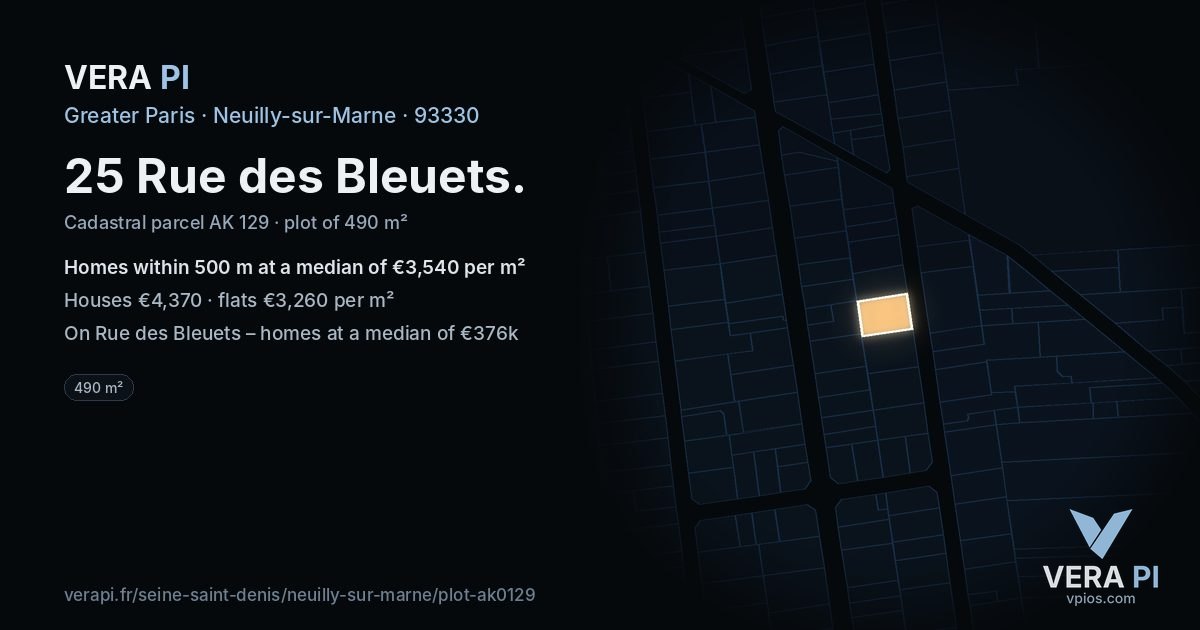 25 Rue des Bleuets, Neuilly-sur-Marne at night – the plot lit, the parcels around coloured by the prices near them