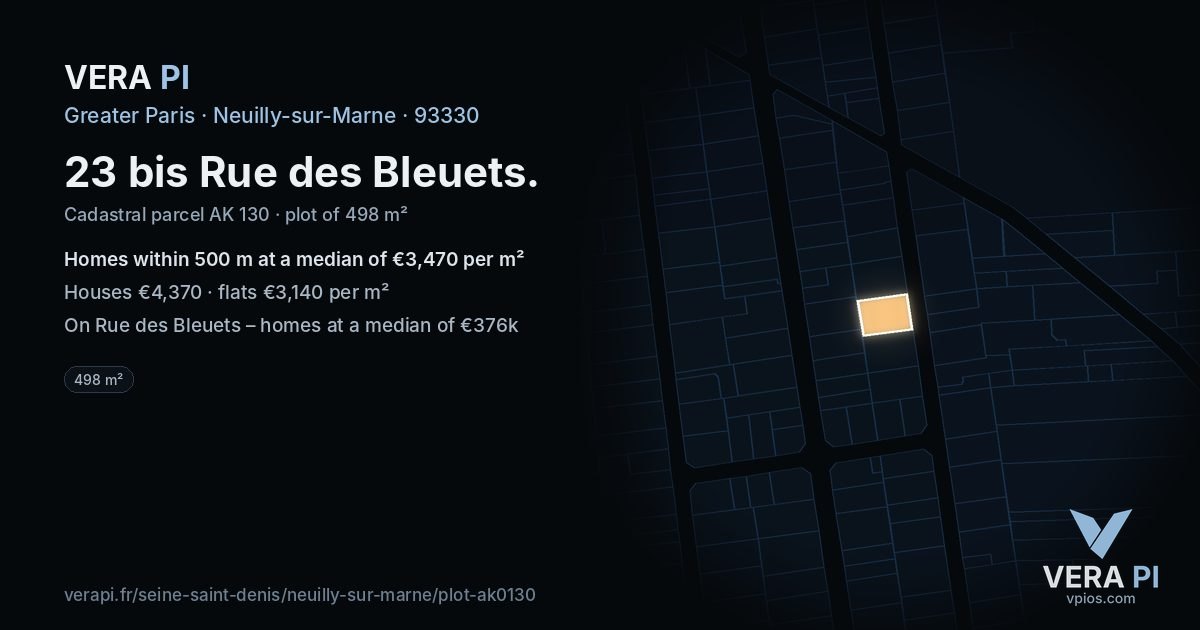 23 bis Rue des Bleuets, Neuilly-sur-Marne at night – the plot lit, the parcels around coloured by the prices near them