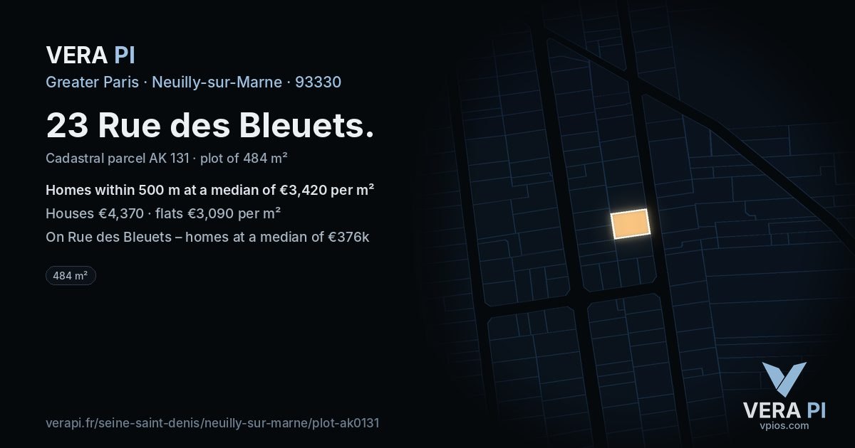 23 Rue des Bleuets, Neuilly-sur-Marne at night – the plot lit, the parcels around coloured by the prices near them