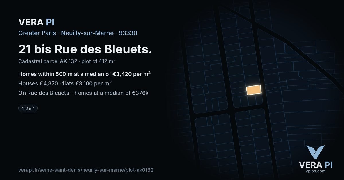 21 bis Rue des Bleuets, Neuilly-sur-Marne at night – the plot lit, the parcels around coloured by the prices near them